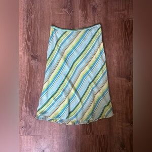 90s Y2k Silk Blue & Green Striped Midi Skirt